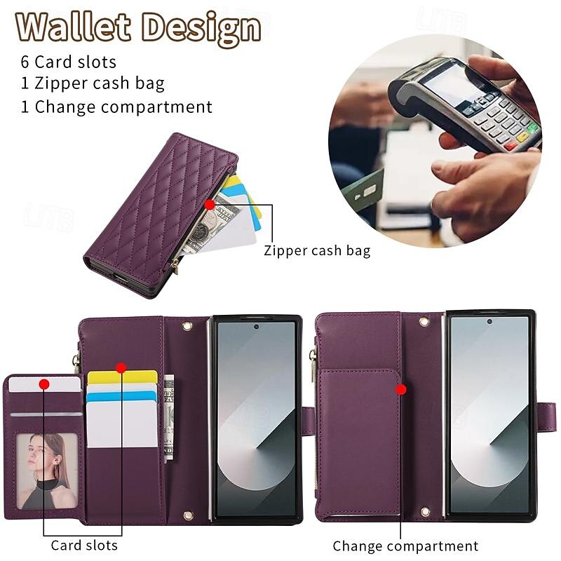 Phone Case For Samsung Galaxy Z Fold 6 Z Fold 5 Z Fold 4 Z Fold 3 Wallet Case with Stand Holder Magnetic Zipper Retro TPU PU Leather2
