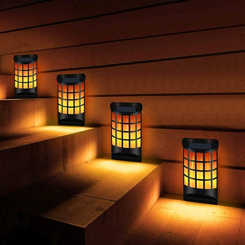 1 Pc Solar Flame Lights Outdoor, Waterproof Flickering Flame Wall Lights with Dark Sensor Auto On/Off 66 LED Solar Powered Night Lights Lattice Design for Garden Pathway Patio Deck Yard