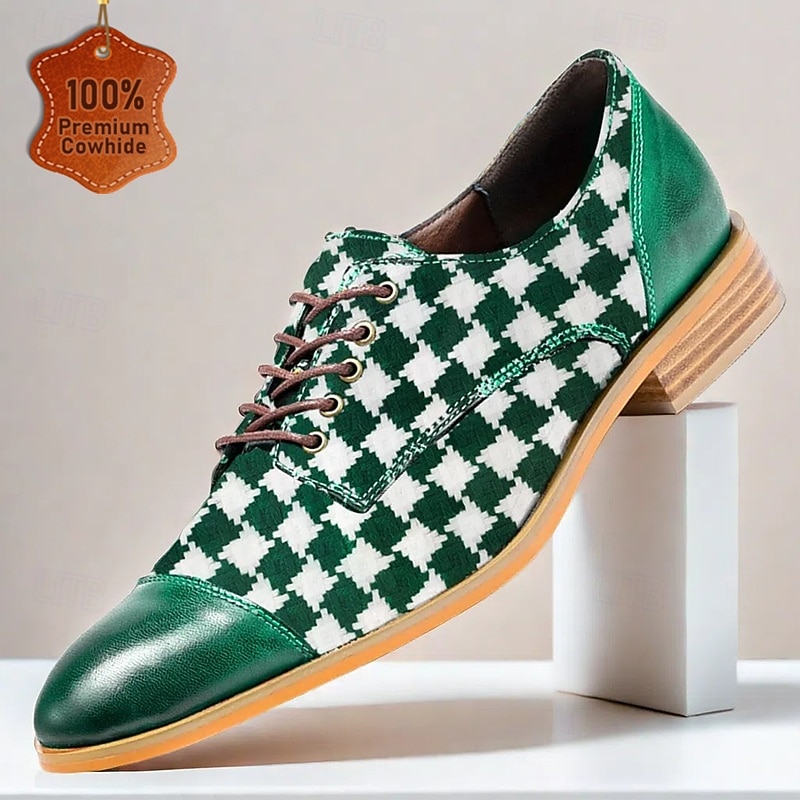 Men's Oxfords Plaid Tartan Leather Cowhide Breathable Comfortable Slip Resistant Lace-up Green Fall Winter