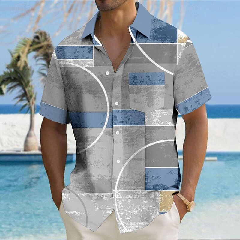 Men's Geometric Geometric Pattern Button Up Shirt Printed Shirts Short Sleeve Hawaiian Resort Outdoor Business / Ceremony / Wedding Summer Turndown Print Button-Down Blue Khaki Gray4