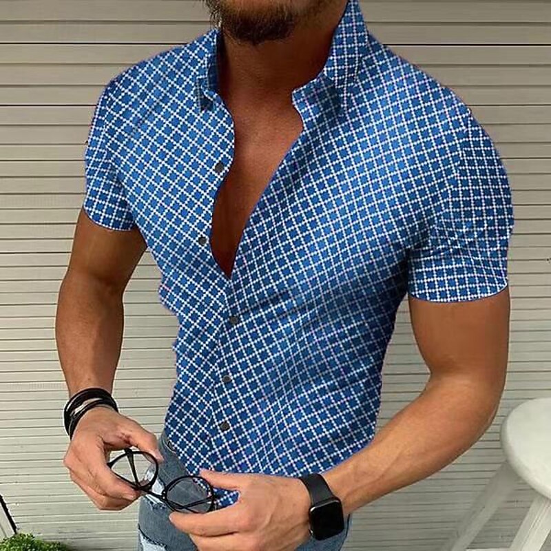 Men's Geometric Pattern Lattice Shirt Short Sleeve Designer Beach Casual Summer Turndown Print Black White Red Blue Green4