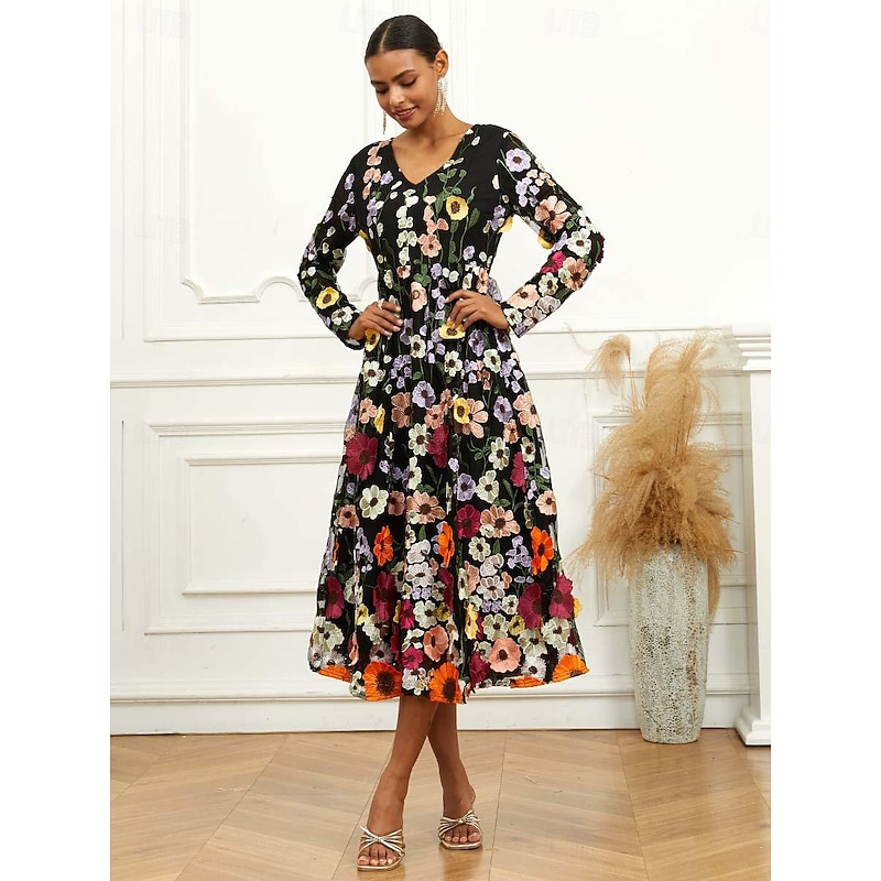 Women's Midi Dress Black Dress A Line Dress Elegant Stylish Bishop Sleeve Wedding Guest Cocktail Party Regular Fit Floral Long Sleeve V Neck Black Spring Fall4