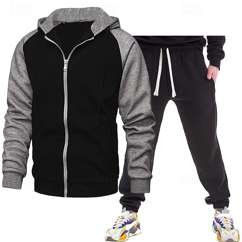 Men's Tracksuit Jogging Suit Drawstring Pocket Color Block Jacket and Sweatpants Athletic Clothing Set Fall Dark Grey Black Gym Workout Jogging Running Thermal Warm Soft Breathable Long Sleeve Sport2