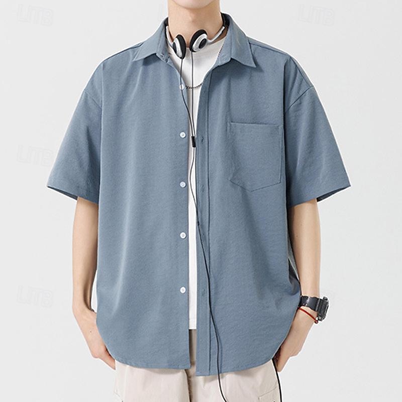 Men's Shirt Summer Shirt Casual Shirt Beach Shirt Button Up Shirt Light Coffee White Blue Green Short Sleeve Plain Turndown Vacation Hawaiian Front Pocket Clothing Apparel Fashion Casual Comfortable