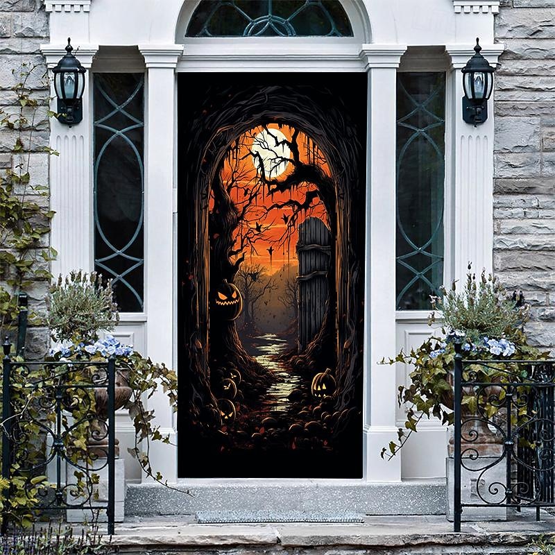 Halloween Door Decorations Halloween Door Covers Door Tapestry Pumpkins Forest Door Curtain Decoration Backdrop Door Banner for Front Door Farmhouse Holiday Party Decor Supplies 22