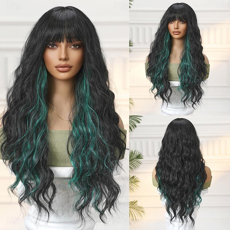 Synthetic Wig Uniforms Career Costumes Princess Curly Wavy Middle Part Layered Haircut Machine Made Wig 26 inch Black / Green Synthetic Hair Women's Cosplay Party Fashion Green