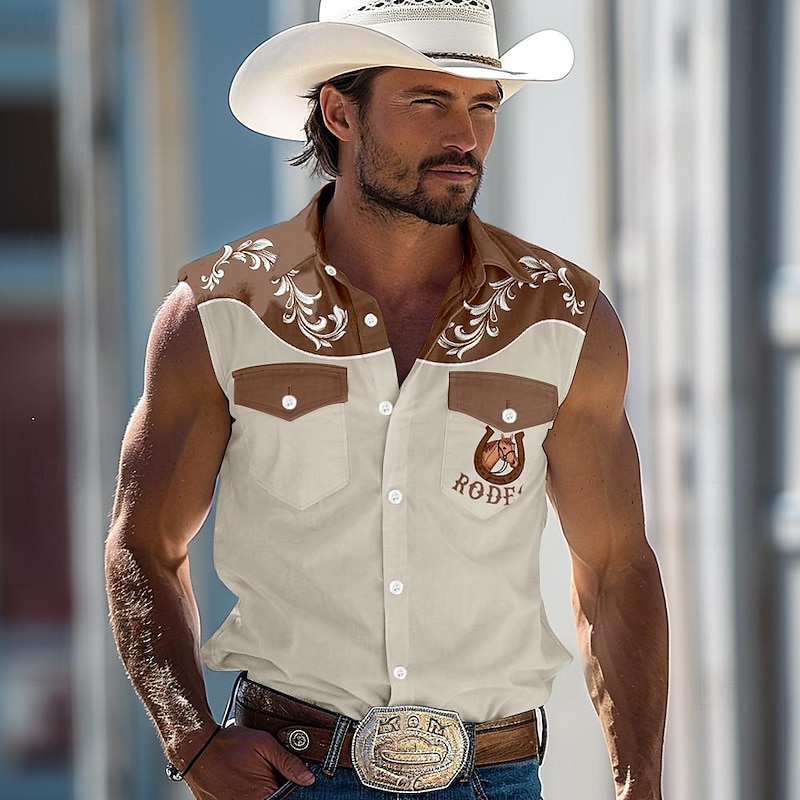 Men's Horse Southwestern Print Shirt Western Shirt Cowboy Shirt Sleeveless Western Style Outdoor Work Causal Summer Spring Shirt Collar Blue Green Khaki