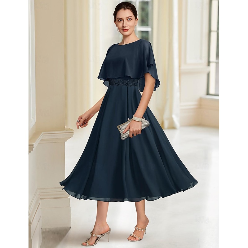 Beach Wedding A-Line Mother of the Bride Dress Elegant Jewel Neck Tea Length Chiffon Half Sleeve with Lace3