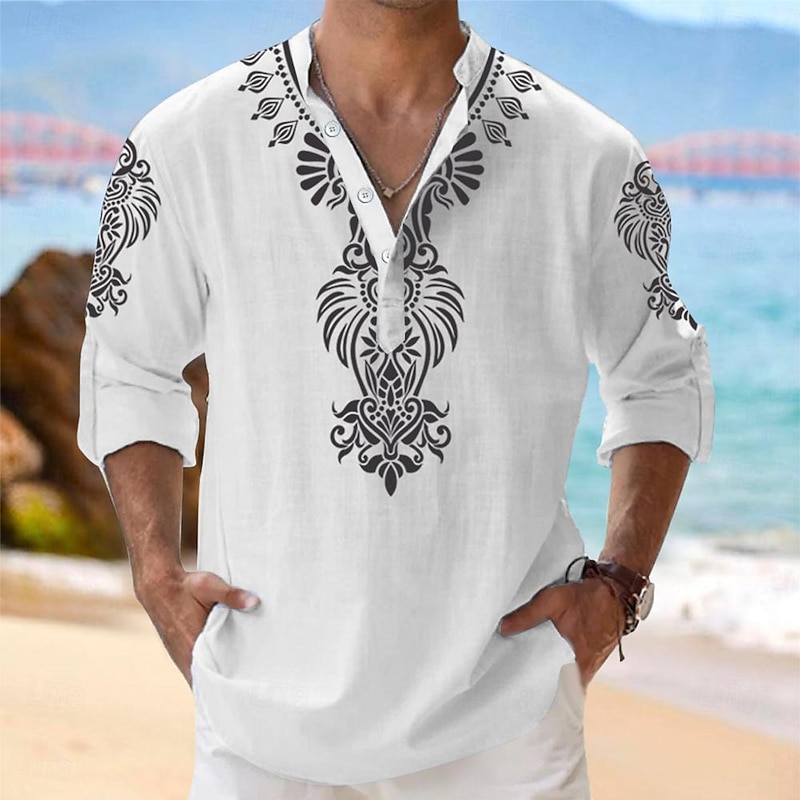 Men's Shirt Button Up Shirt Henley Shirt Long Sleeve Tribal Fashion Casual Beach Vacation Causal Casual Summer Spring & Fall Mandarin Collar Band Collar Buttons Print White Yellow Blue Beige4