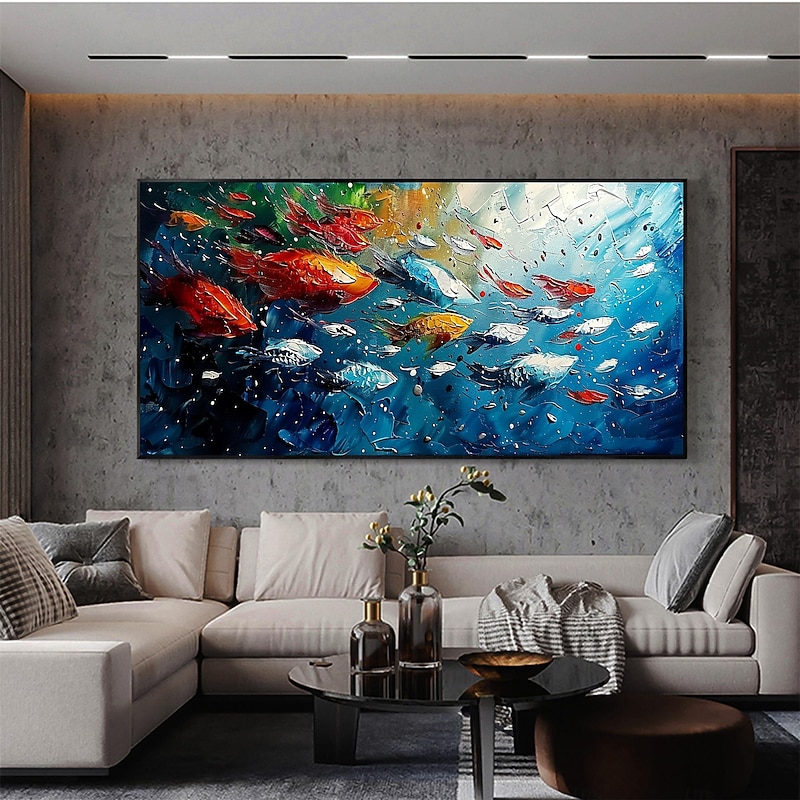 Handmade Original Colorful Fish Oil Painting On Canvas Abstract Fish School Wall Art for Home Decor With Stretched Frame Without Inner Frame Painting4