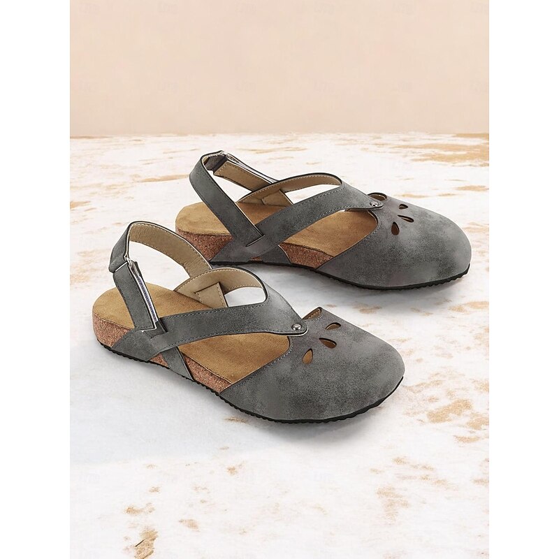 Women's Vintage-Style Gray Suede Sandals with Cut-Out Design and Cork Sole - Comfortable and Stylish for Summer Wear3