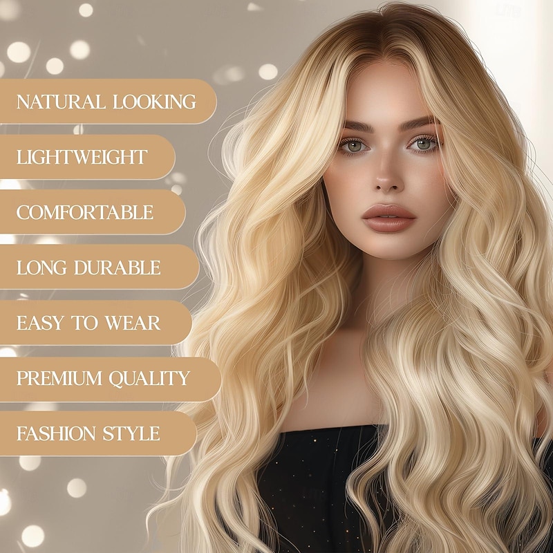 Long Blonde Wigs Middle Part Wavy Wig with Bang Natural Heat Resistant Fiber Synthetic Wig For Party Event Cosplay Daily Use Halloween Wigs2