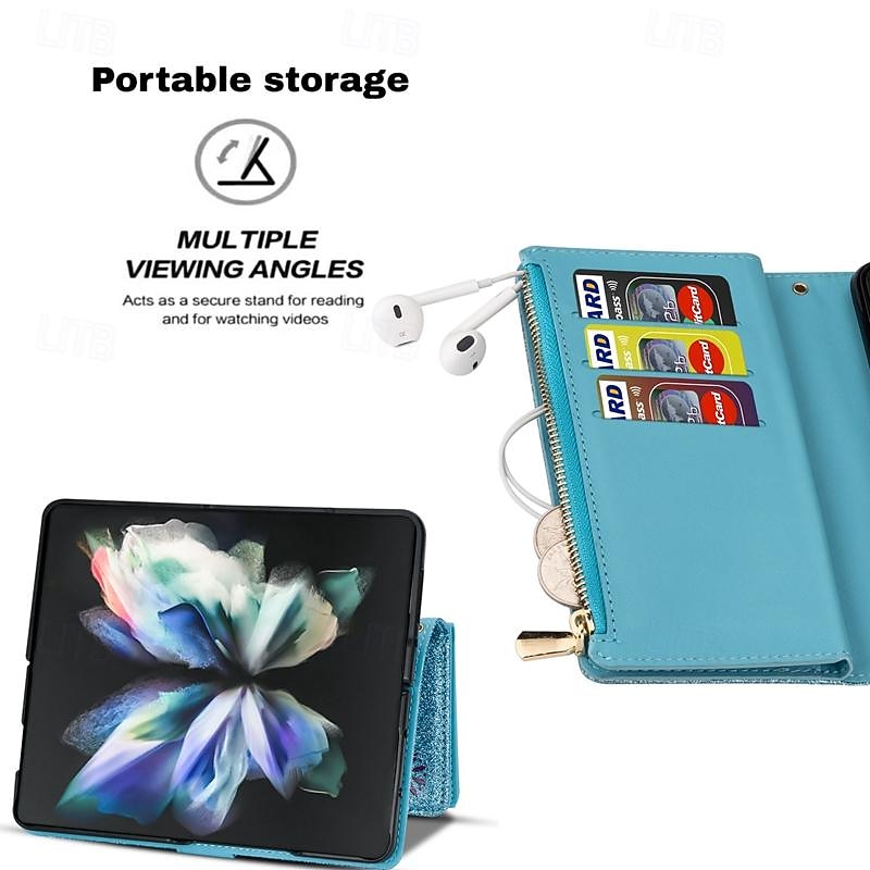Phone Case For Samsung Galaxy Z Fold 7 Z Fold 6 Z Fold 5 Z Fold 4 Z Fold 3 Wallet Case Magnetic Zipper with Wrist Strap Retro sky PC PU Leather4