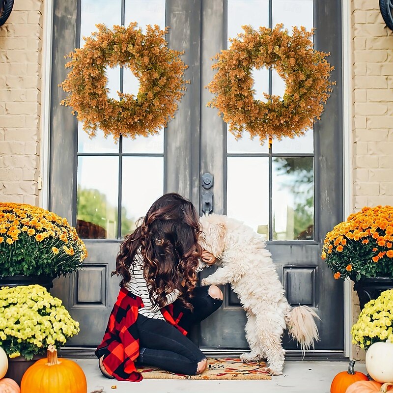 Fall Wreath with Artificial Eucalyptus and Flowers - Faux Green Leaves Wreath for Front Door, Wall, Festival Celebration, Fireplace, Window, Party Decor2