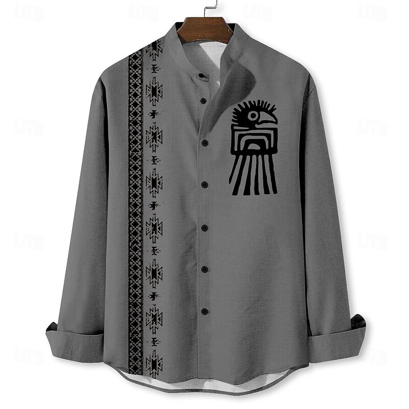 Men's Ethnic Shirt Button Up Shirt Long Sleeve Vintage Casual Tribal Vacation Daily Summer Spring &  Fall Standing Collar Button Up 3D Print Blue Green Khaki Gray4
