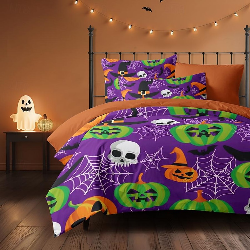 Halloween Collection Duvet Cover Set 3 Piece Set  Jack O Lantern Pumpkin Super Soft Skin-friendly Long-lasting