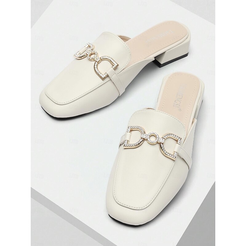 Women's White Leather Mules with Rhinestone Buckle – Elegant Slip-On Loafers for Casual and Formal Outfits