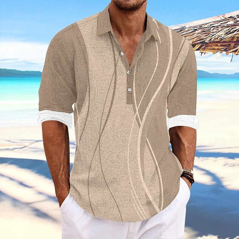 Men's Lines / Waves Geometric Pattern Button Up Shirt Henley Shirt Long Sleeve Hawaiian Resort Outdoor Casual Summer Spring Fall Turndown Pink Blue Khaki Gray3