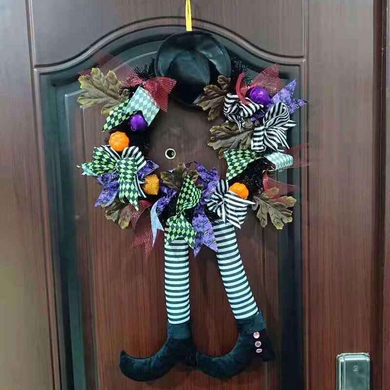 Halloween Wreaths for Front Door, Halloween Witch Wreath Black Wreath with Hat Witches Legs Pumpkin, Halloween Door Wreath Black Witch Wreath for Door,Porch,Window,Indoor and Outdoor Decor4