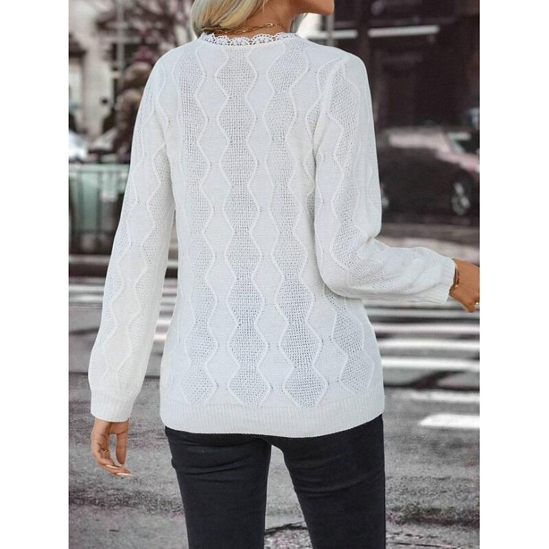 Women's Sweater Elegant Solid Color Waffle Crew Neck Lace Long Sleeve Regular Tops Knit Daily White Spring Fall2