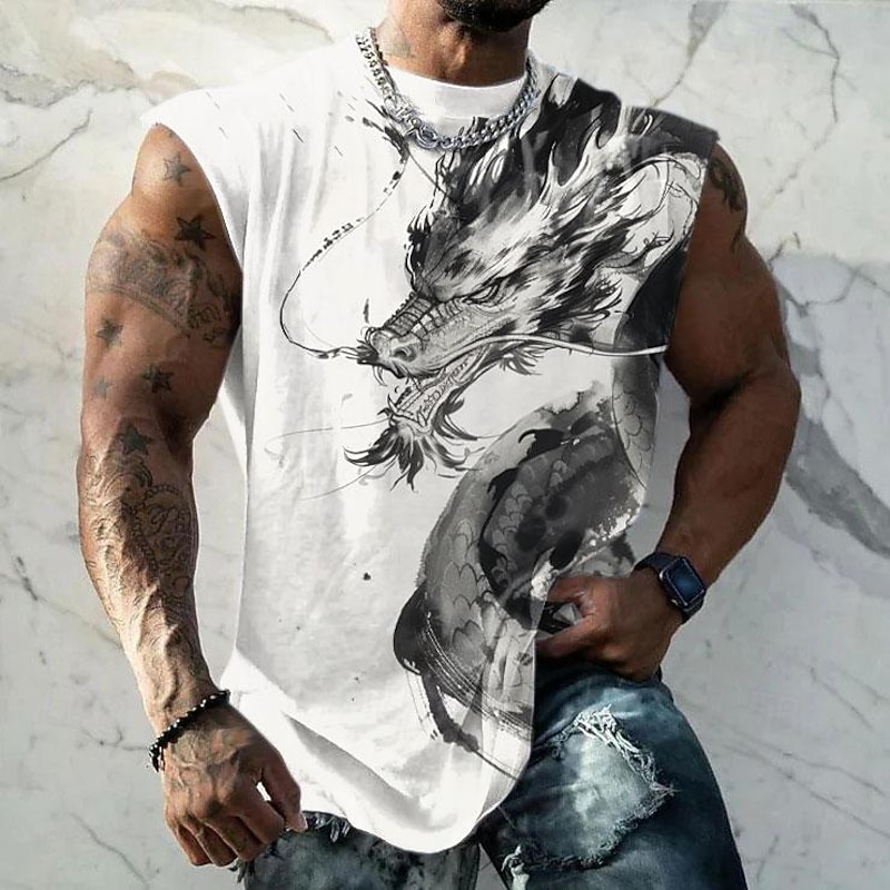 Men's Dragon T Shirt Sleeveless T shirt 3D Print Crew Neck Shirt Fashion Daily Party Street White Summer Spring Clothing Apparel S M L XL XXL XXXL