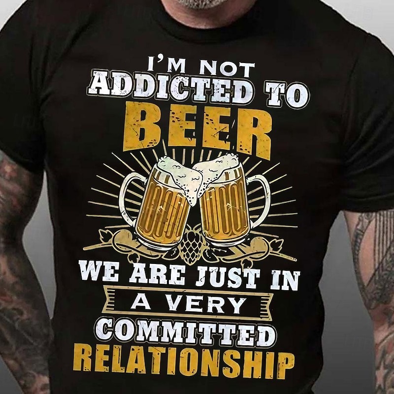 Men's Letter Printed Funny Beer T Shirt Tee Top 100% Cotton Short Sleeve Graphic Shirt Black Dark Blue Comfortable Tee Street Sports Outdoor Fashion Designer Clothing