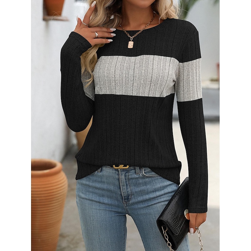 Women's Sweater Stylish Color Block Ribbed Crew Neck Print Long Sleeve Regular Tops Knit Work Black Pink Spring Fall3