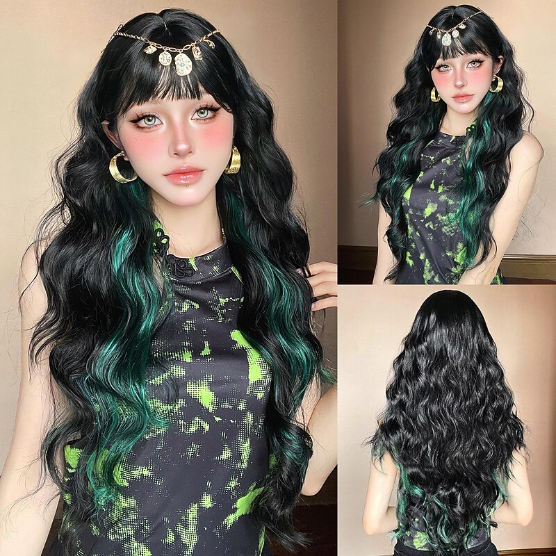 Synthetic Wig Uniforms Career Costumes Princess Curly Wavy Middle Part Layered Haircut Machine Made Wig 28 inch Black / Green Synthetic Hair Women's Cosplay Party Fashion Black