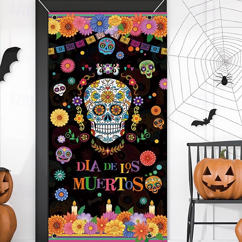 Halloween Door Decorations Halloween Door Covers Day of Dead Door Tapestry Door Curtain Decoration Backdrop Door Banner for Front Door Farmhouse Holiday Party Decor Supplies4