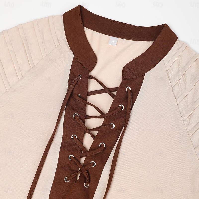 Men's T Shirt Tee Top Long Sleeve Shirt Long Sleeve Standing Collar Spring &  Fall Color Block Slim Pleated Fashion Designer Basic Drawstring Patchwork Vacation Street Going out Black Brown Beige Top2