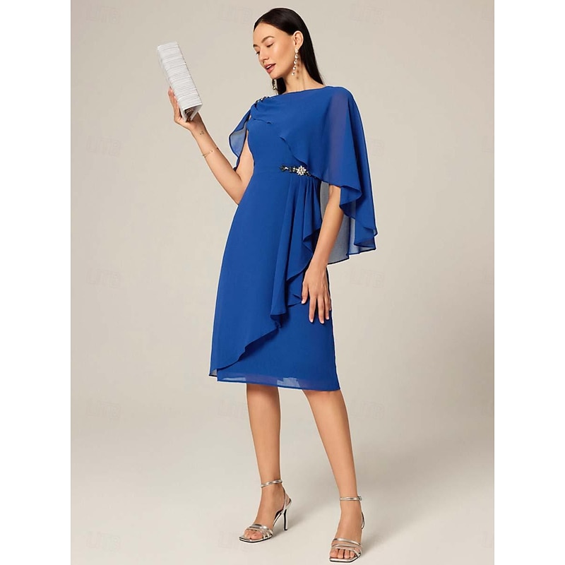 Women's Plus Size Wedding Guest Cocktail Dress Set Chiffon Ruffle Boat Neck Sleeveless Midi Dress Party Elegant Royal Blue Summer 5