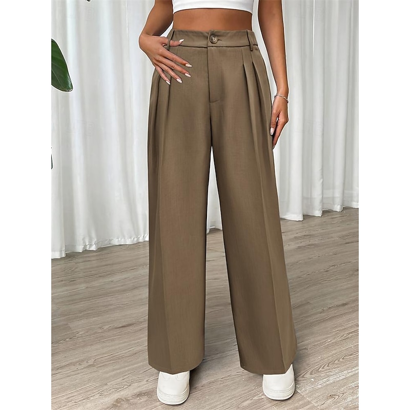 Women's Dress Pants Fashion Long Plain Side Pockets Wide Leg Breathability Comfortable Inelastic Daily Wear Khaki Spring & Summer Regular Fit2
