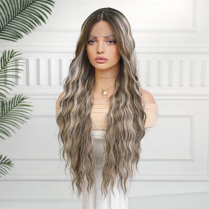 Synthetic Lace Wig Curly Style 28 inch Dark Brown Middle Part T Part Wig Women's Wig Dark Brown4