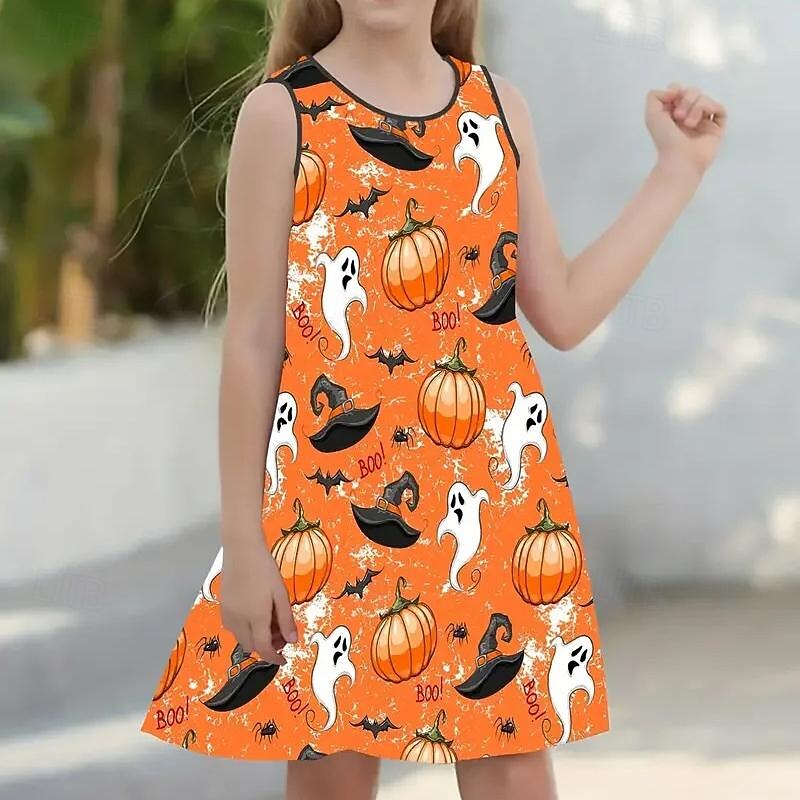 Halloween Girls' 3D Halloween pumpkin Cami Dress Sleeveless 3D Print Summer Daily Holiday Vacation Casual Halloween Custome Kids 4-12 Years Strap Dress A Line Dress Above Knee Polyester Regular Fit2