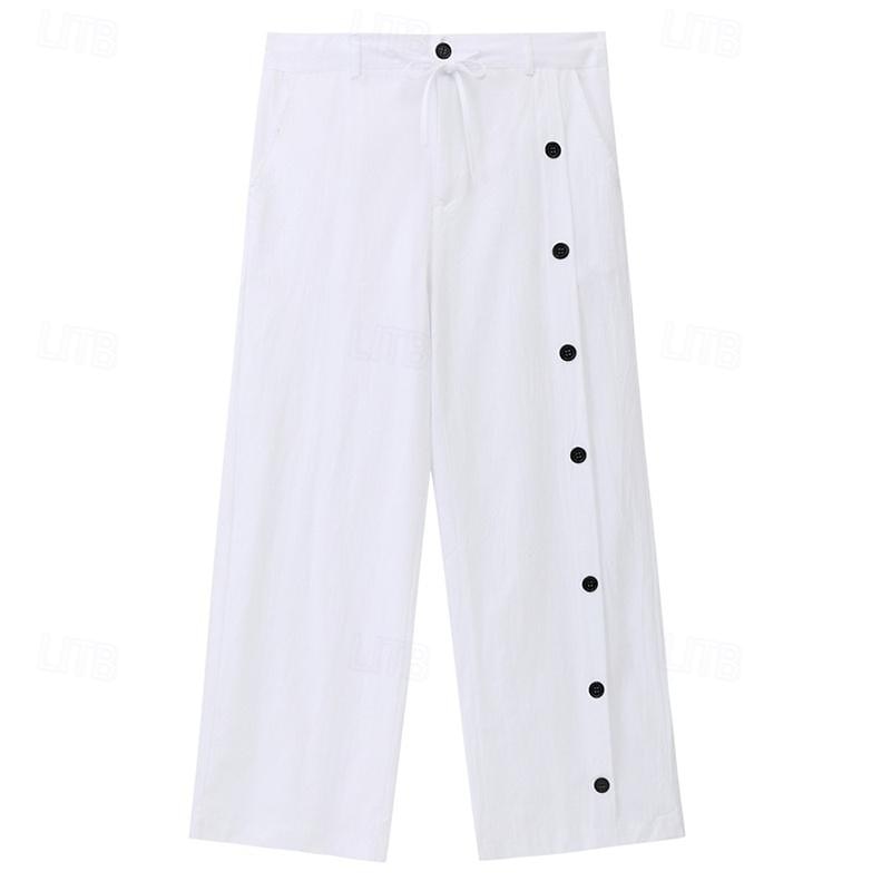 Men's Linen Pants Trousers Summer Pants Beach Pants Drawstring Side Button Straight Leg Plain Comfort Breathable Full Length Casual Daily Holiday Fashion Classic Style Black White2