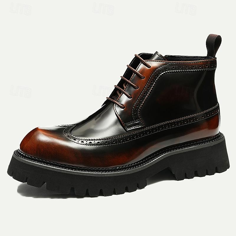 Men's Premium Leather Brogue Combat Boots - 100% Cowhide Lace-Up Ankle Boots with Chunky Sole for Stylish and Rugged Wear2
