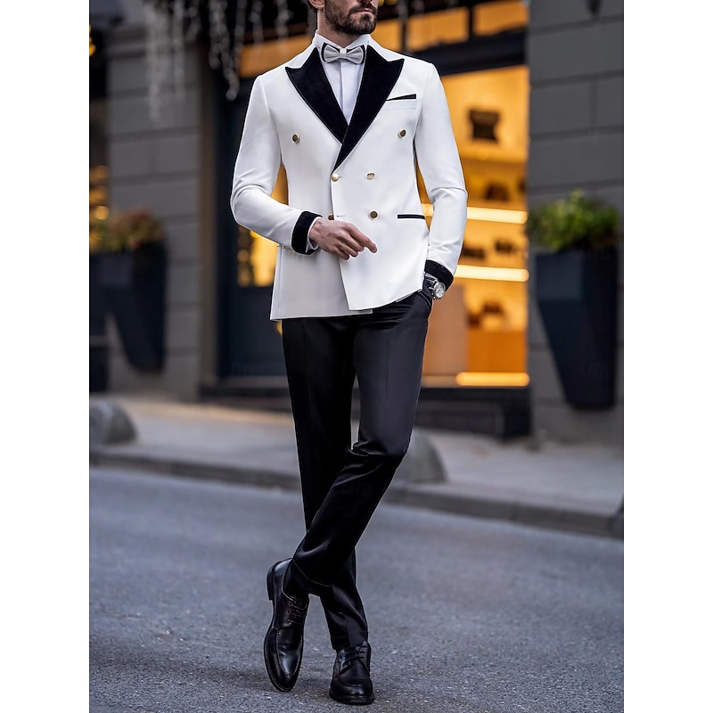Men's Wedding Party Suits White Luxury Formal Solid Colored Tailored Fit 2 Piece Double Breasted Six-buttons2