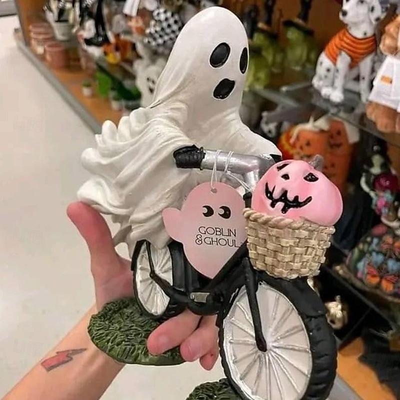 Ghost Bike Rider with Pink Pumpkin Halloween Decor, Ghost Riding a Bikes and Pink Pumpkin Statue,Cute Ghost Riding Figurines,Funny Ghost Figurine Home Tabletop Decorations