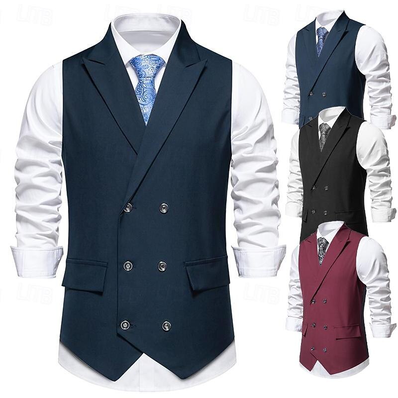 Men's Vest Gilet Daily Wear Vacation Going out Vintage Fashion Spring &  Fall Button Polyester Comfortable Plain Double Breasted Lapel Regular Fit Black Burgundy Dark Navy Vest