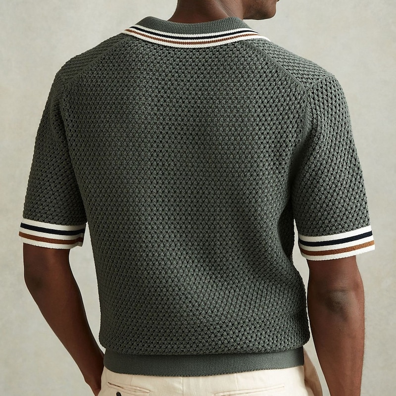 Men's Knit Polo Sweater Cardigan Casual Holiday Ribbed Polo Collar Classic Short Sleeve Fashion Old Money Style Striped Button Front Summer Spring Fall Green Knit Polo Sweater2