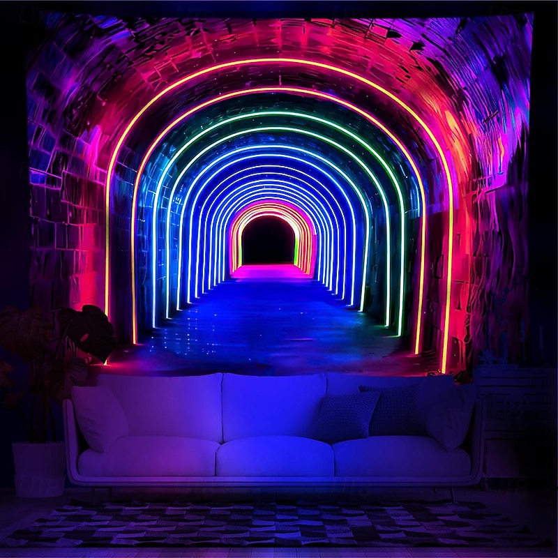 Blacklight Tapestry UV Reactive Glow in the Dark Glow Party Neon Rainbow Arch Psychedelic Trippy Misty Hanging Tapestry Wall Art Mural for Living Room Bedroom