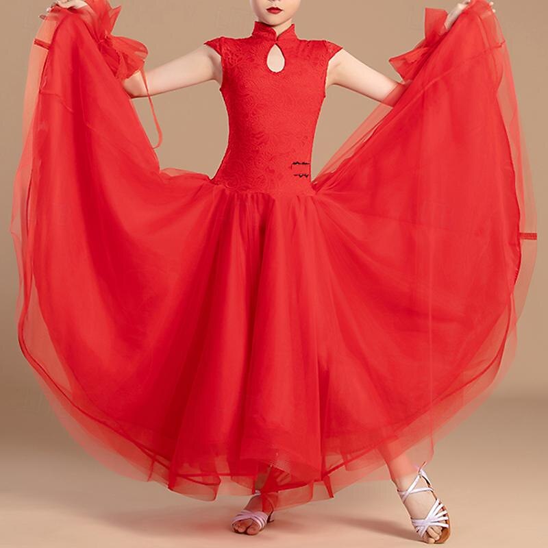 Ballroom Dance Dress Splicing Girls' Performance Training Sleeveless Tulle3