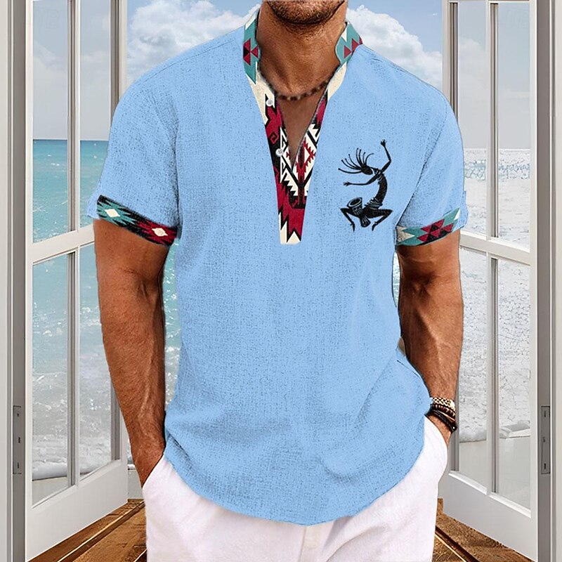 Men's Southwestern Print Kokopelli Summer Hawaiian Shirt Aloha Shirt Short Sleeve Shirt Turndown Hawaiian Resort Outdoor Party Business / Ceremony / Wedding Pink Blue Green S M L4