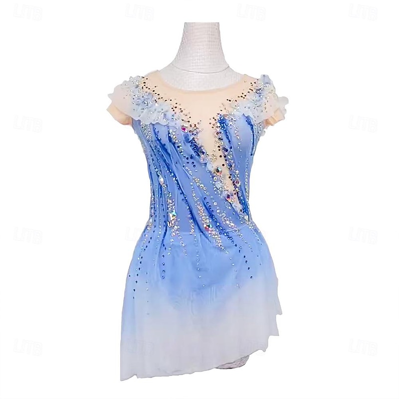 Figure Skating Dress Women's Girls' Ice Skating Dress Blue Patchwork Thumbhole Mesh High Elasticity Training Competition Skating Wear Classic Sleeveless Ice Skating Figure Skating