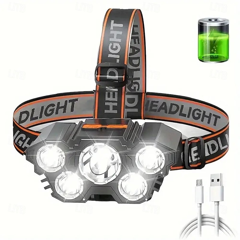 LED Headlights USB Rechargeable Waterproof LED Headlamp 5 Heads for Camping Fishing & Emergency Lighting Includes USB Cable