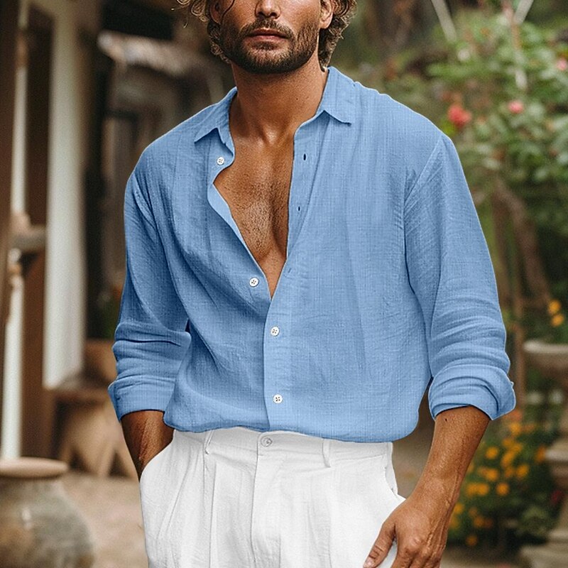 Men's Shirt Linen Shirt Blue Long Sleeve Solid Color Fold-over Collar Spring & Summer Street Daily Clothing Apparel