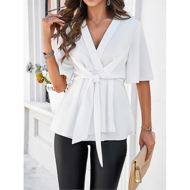 Women's Shirt Dressy Tops Solid Color Plain Elegant Stylish Half Sleeve V Neck Work Daily Tie Front Ruched Black White Royal Blue Rose Pink Summer Spring Fall2