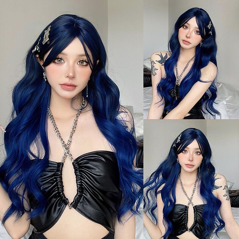 Synthetic Wig Uniforms Career Costumes Princess Curly Wavy Middle Part Layered Haircut Machine Made Wig 28 inch Black / Sapphire Blue Synthetic Hair Women's Cosplay Party Fashion Blue Halloween Wigs