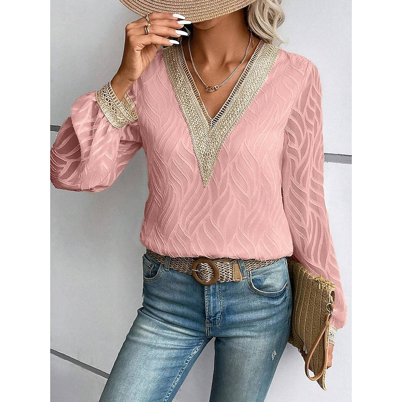 Women's Blouse Dressy Tops Elegant Stylish Solid Color Lace Flutter Sleeve Long Sleeve Regular Tops V Neck Party Daily Black Pink Beige Summer Spring Fall3