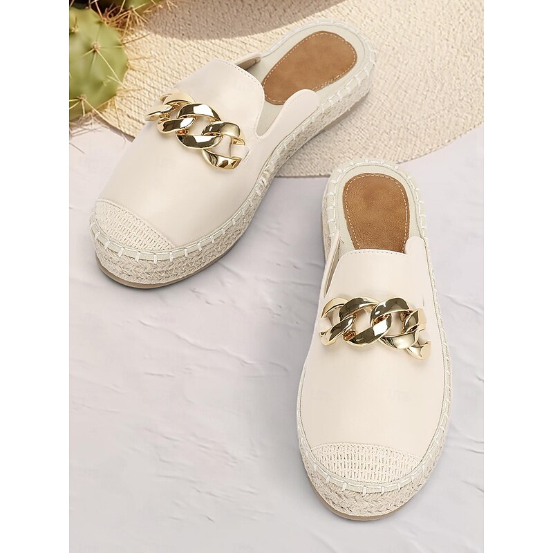 Women's Espadrille Mules with Gold Chain Detail – Casual Slip-On Flats for Summer Beach and Daily Wear